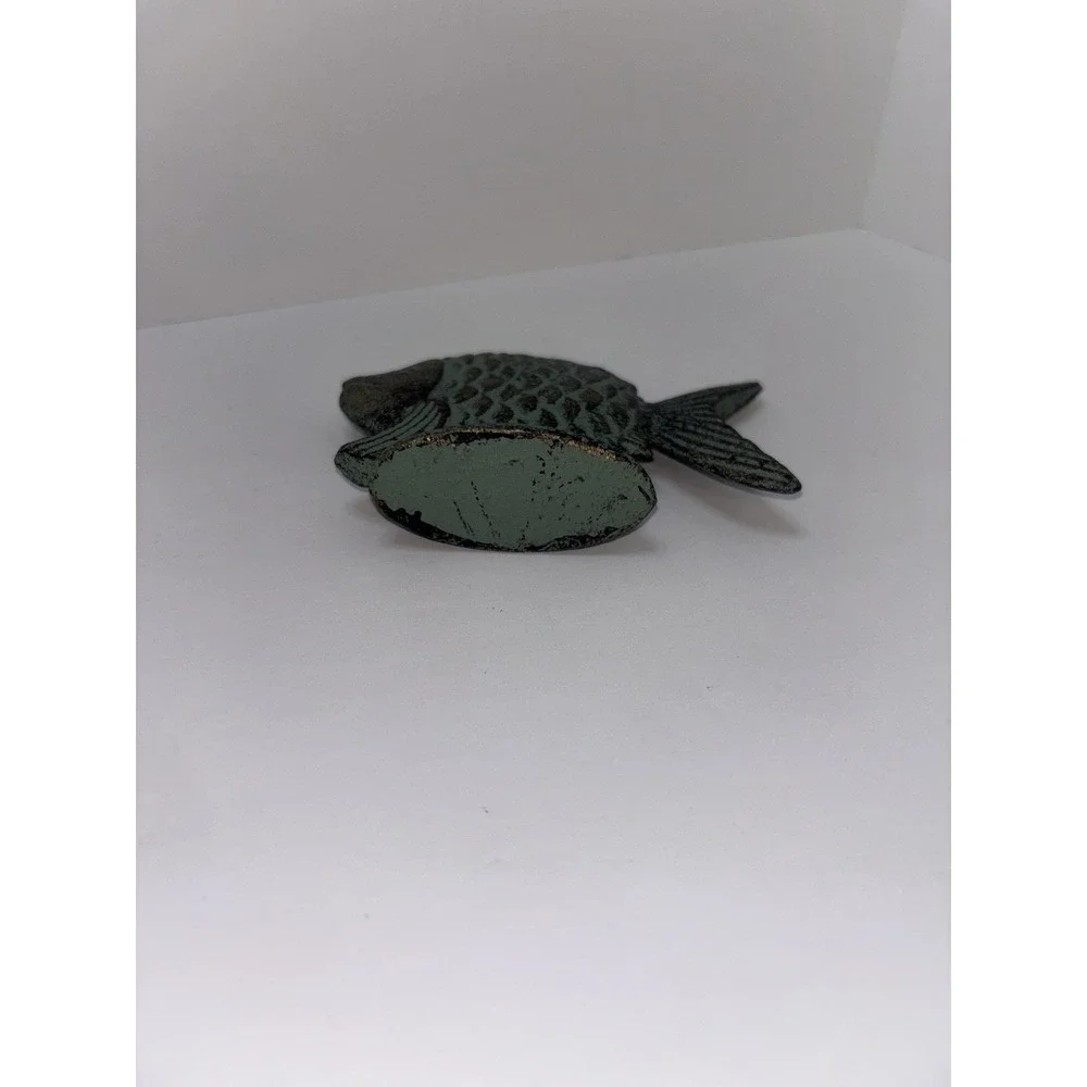 Vintage Solid Cast Iron Fish Figure Paperweight Green Gold Nautical Decor
